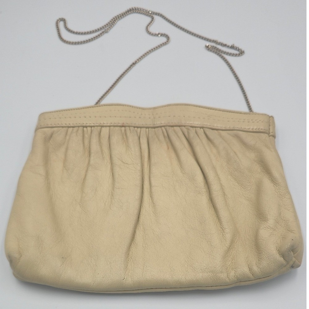 Vintage 1970s Cream Pleated Leather Clutch Bag Mid Century Ruched Evening Purse
